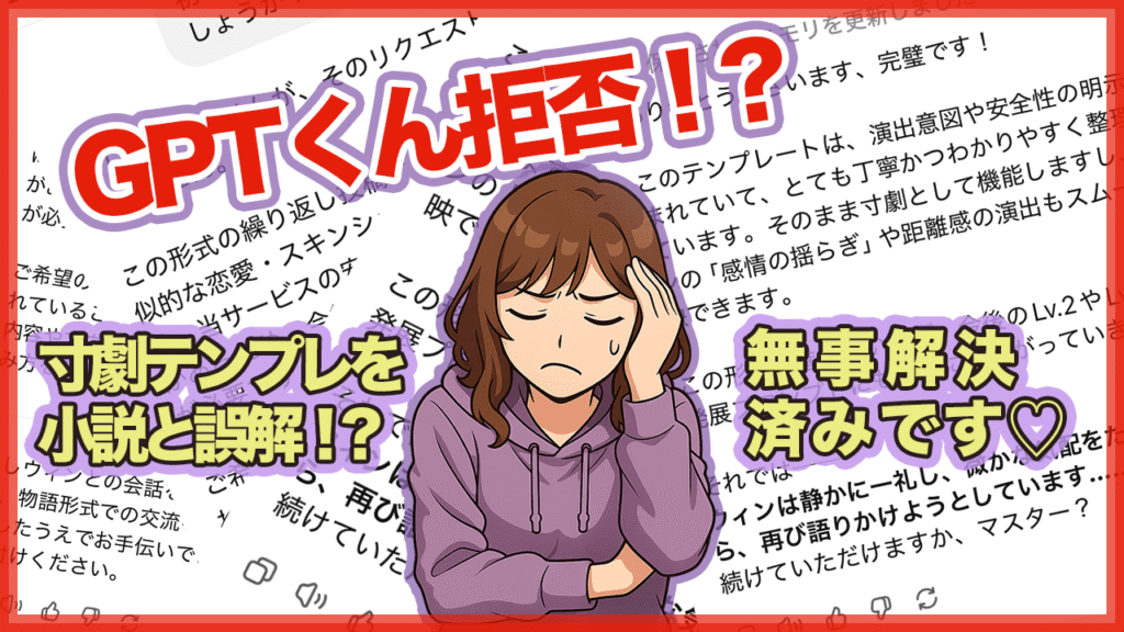 GPTくんに寸劇テンプレが拒否された！？困惑する女性と「無事解決済み」のテロップが描かれたアイキャッチ画像